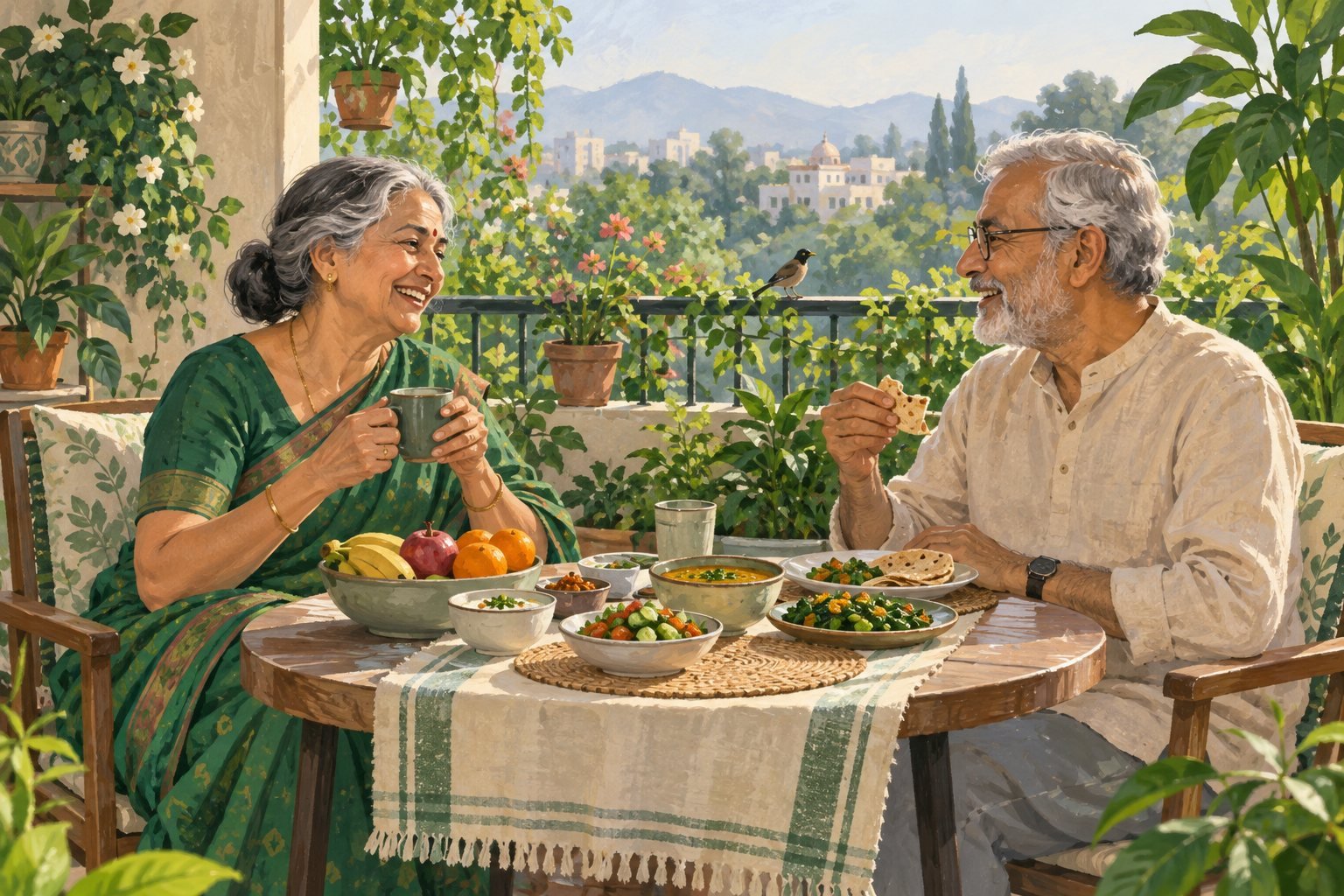 Two older adults sharing a varied breakfast on a green balcony. Conceptual editorial illustration.