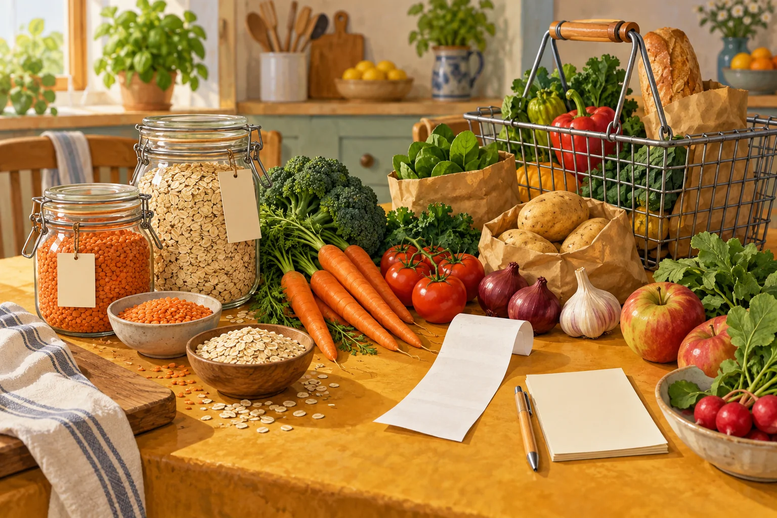 An ochre grocery counter with lentils, oats, seasonal vegetables and an unbranded receipt beside a simple shopping basket.