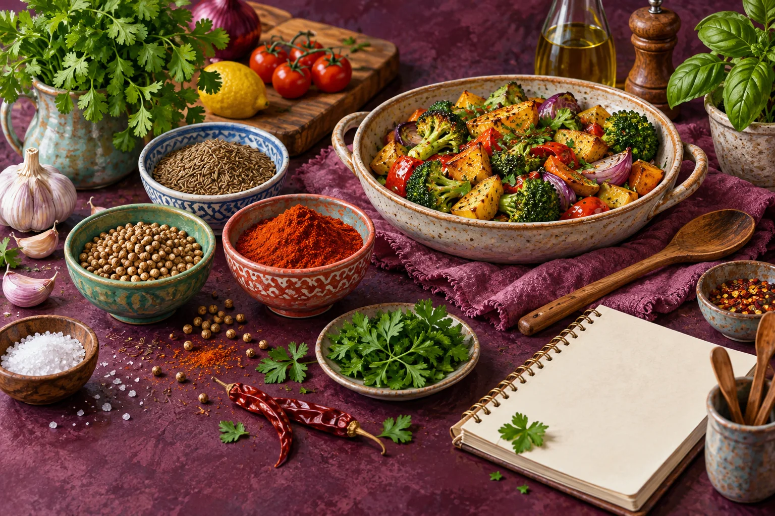 A deep plum kitchen surface with colourful bowls of cumin, coriander, paprika and herbs beside an ordinary vegetable dish.