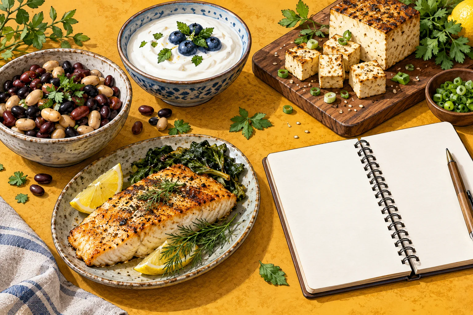 Beans, yoghurt, cooked fish and tofu beside a blank food notebook on an ochre table.