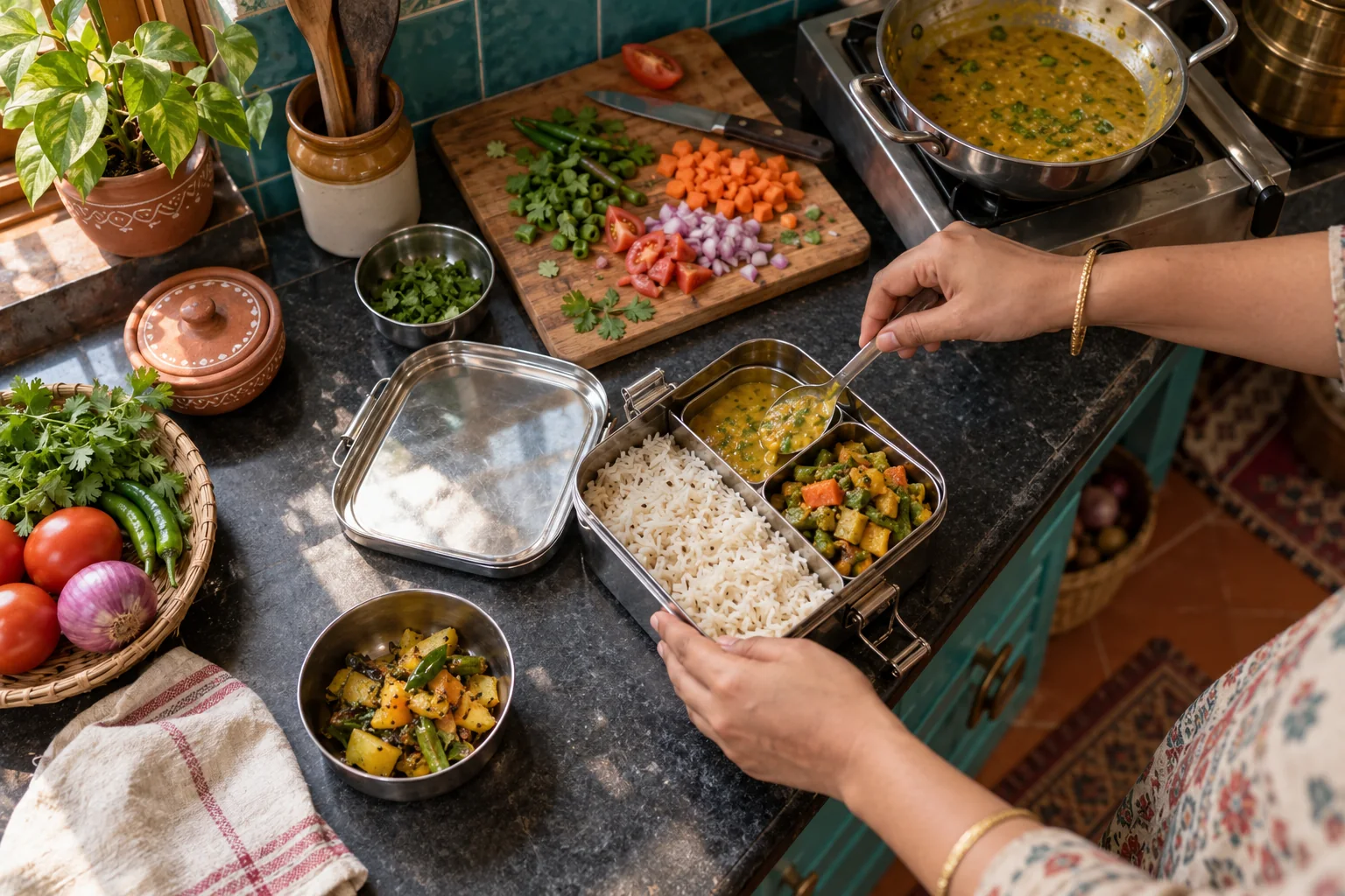 A home kitchen with vegetables and a portioned tiffin meal.