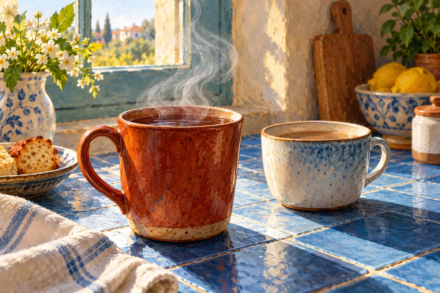 A russet steaming cup of tea and another cup resting on a blue tiled table, without a temperature display.