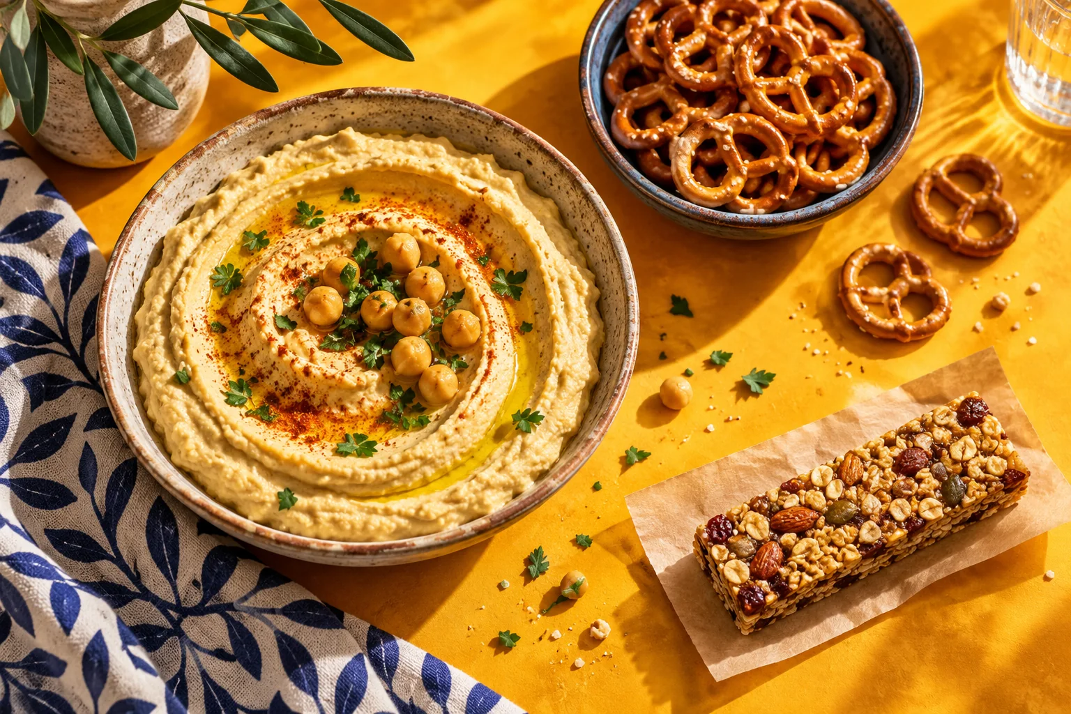 A hummus bowl, pretzels and an unbranded snack bar on an ochre table.