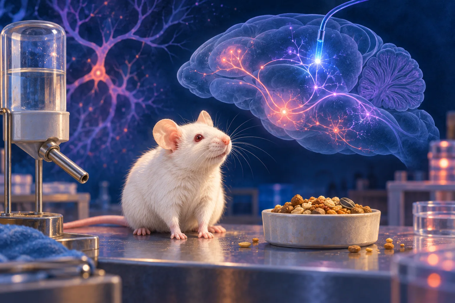 A mouse beside food and water, with a conceptual illuminated brain-circuit illustration