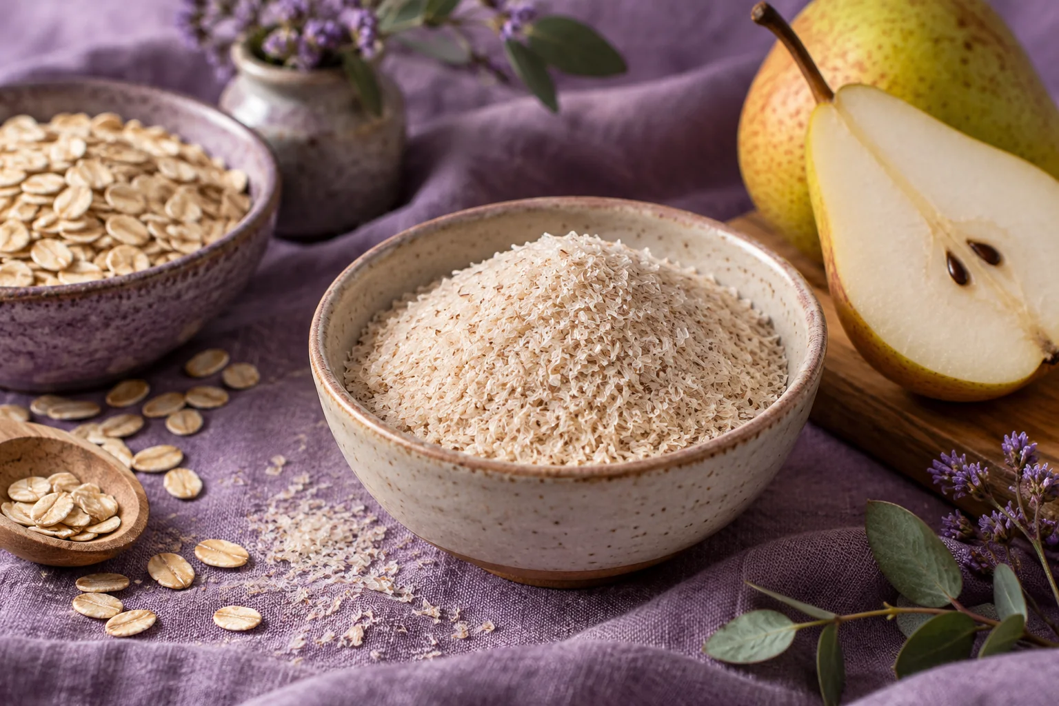 Psyllium husk with oats and a pear on purple linen.