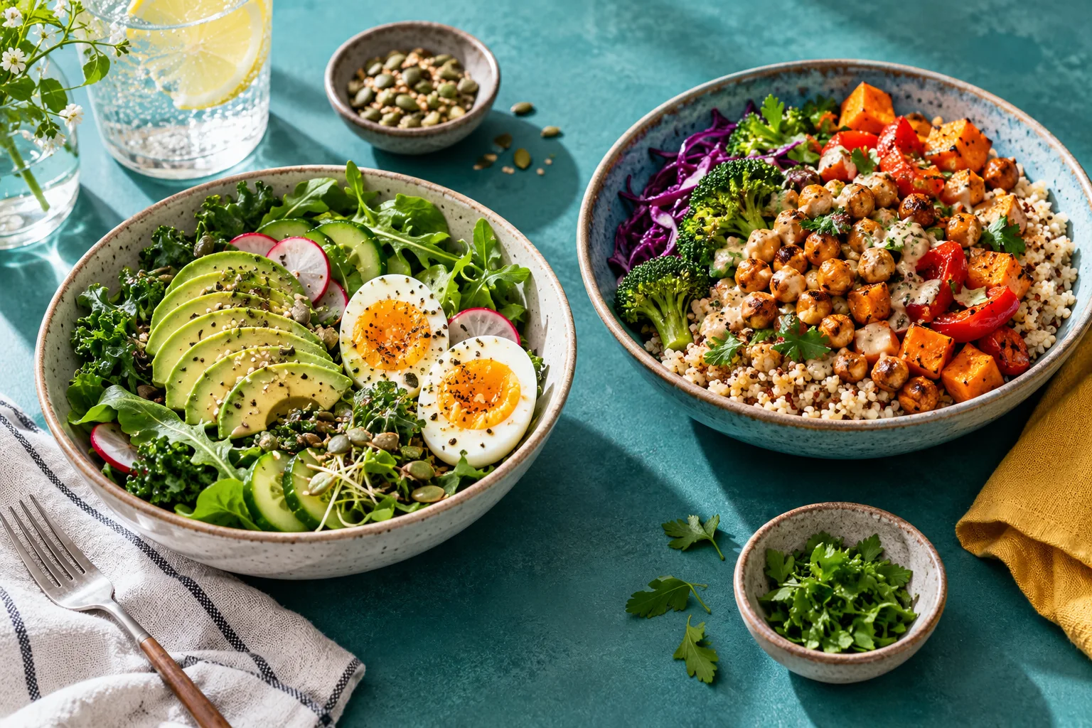 Egg, avocado and vegetable salad beside a chickpea and whole-grain bowl on a teal table.