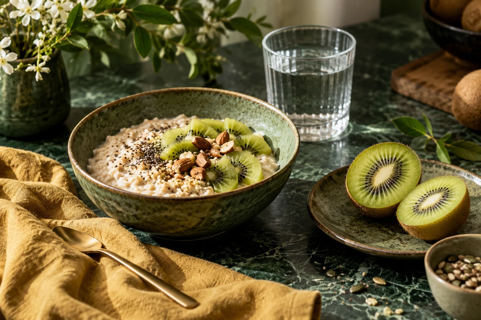 Halved green kiwifruit beside a porridge bowl and water glass on a forest-green breakfast table.