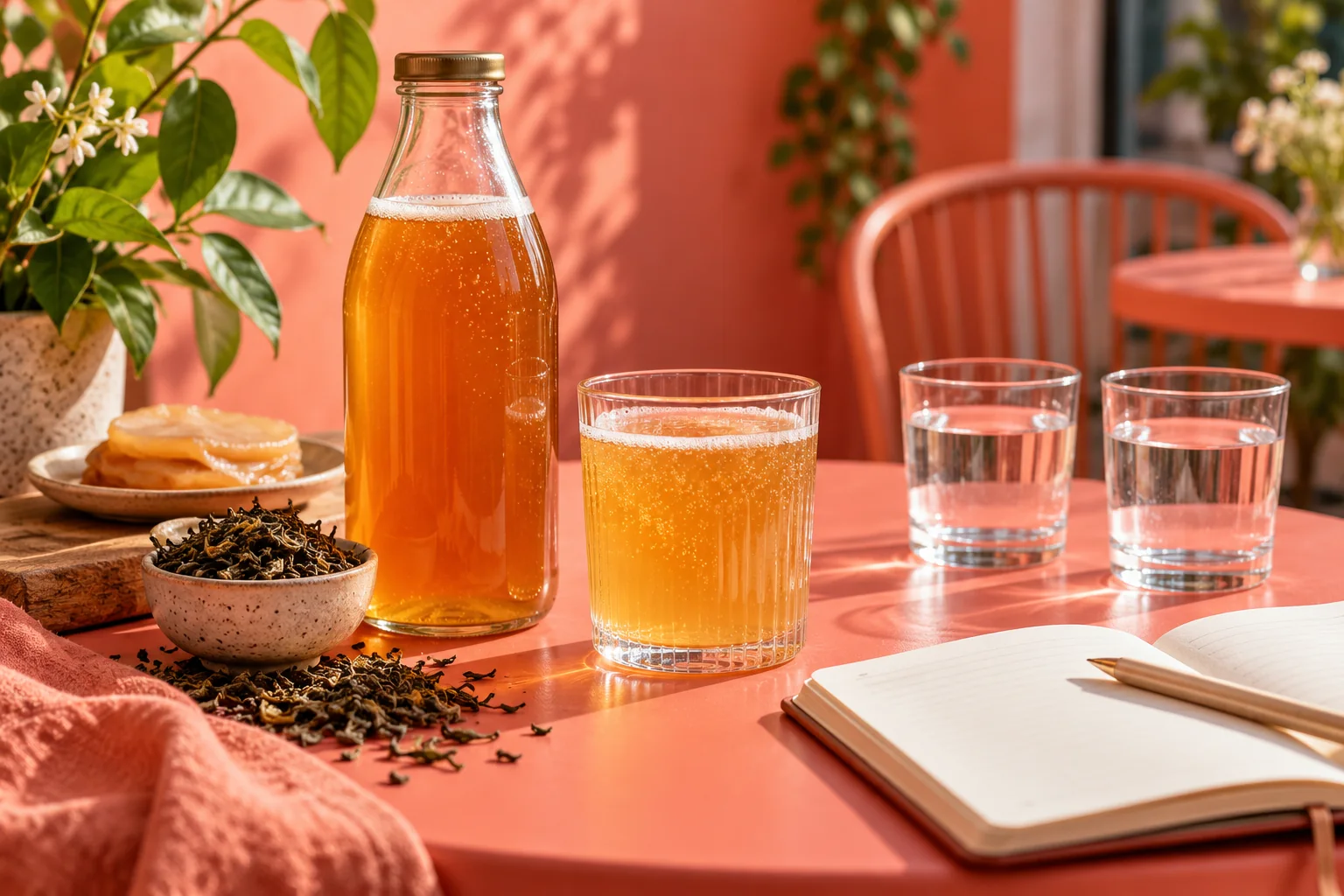 Amber kombucha in a glass beside tea leaves and an open notebook.