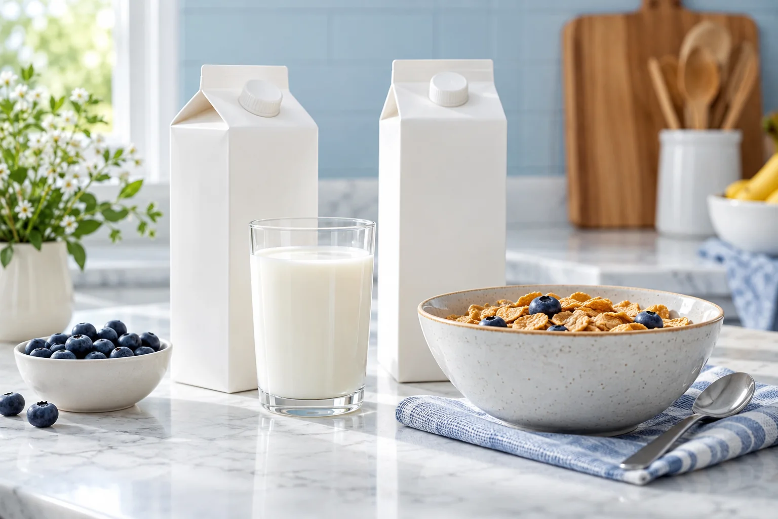 Two unlabelled milk cartons and a glass of milk beside a cereal bowl in a bright kitchen.