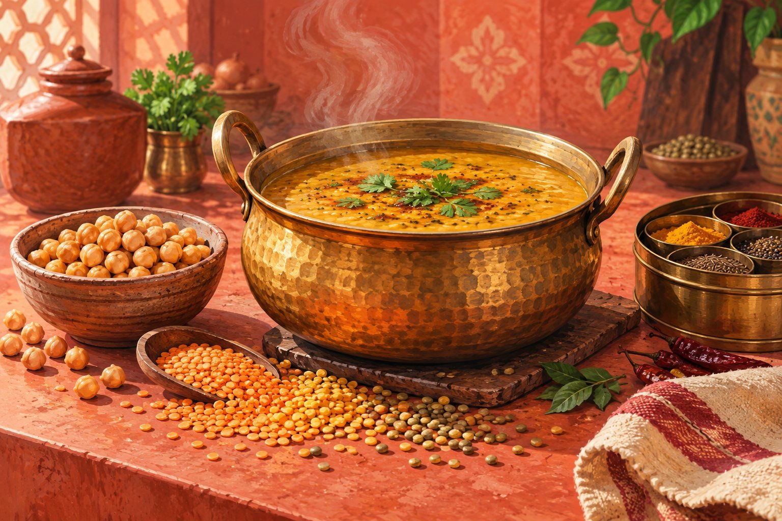 A warm terracotta kitchen scene with dal, chickpeas and dried lentils. Conceptual editorial illustration.