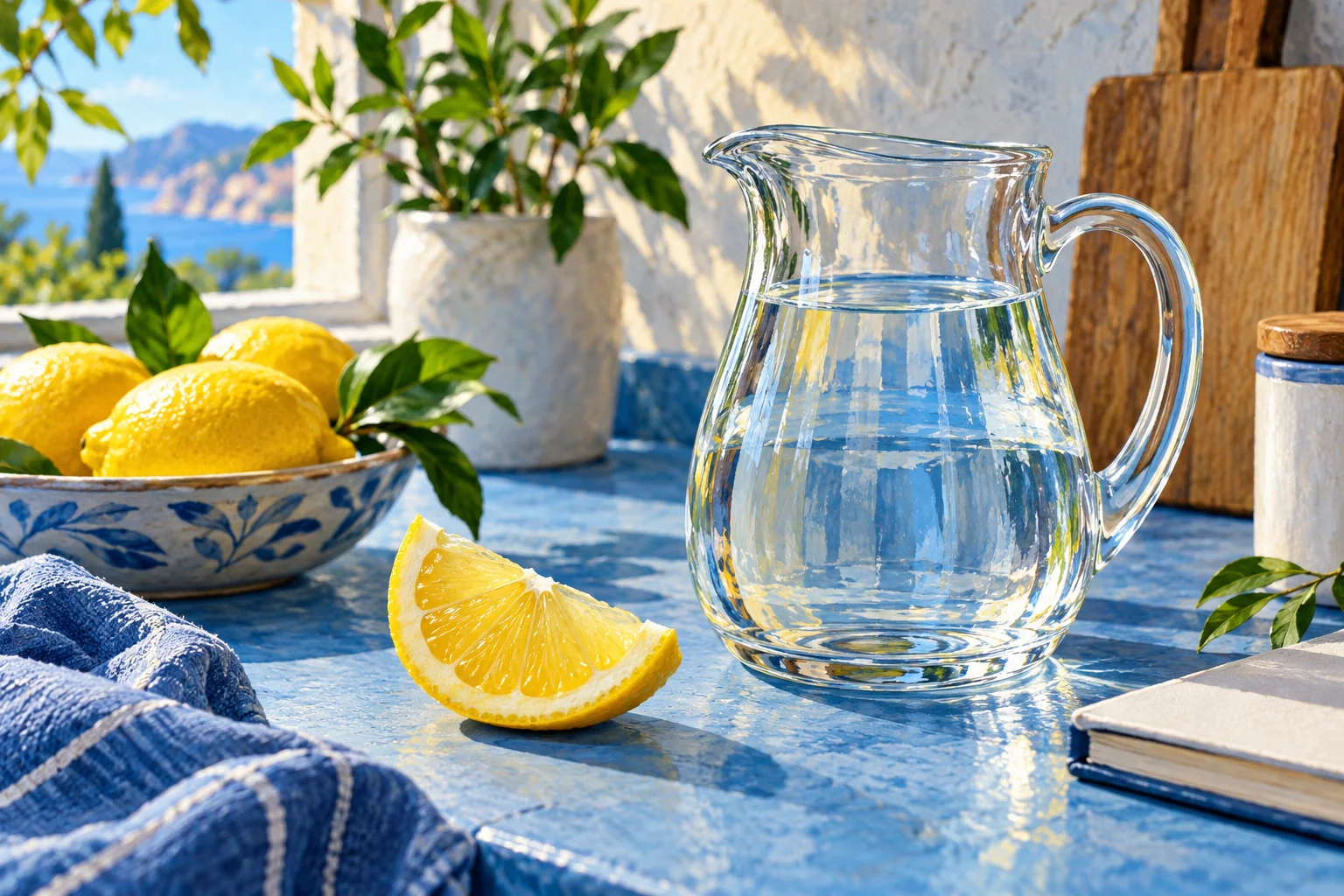 A sunny yellow lemon wedge beside a clear water jug on a blue countertop, with no kidney drawing, dissolving stone or dosage markings.