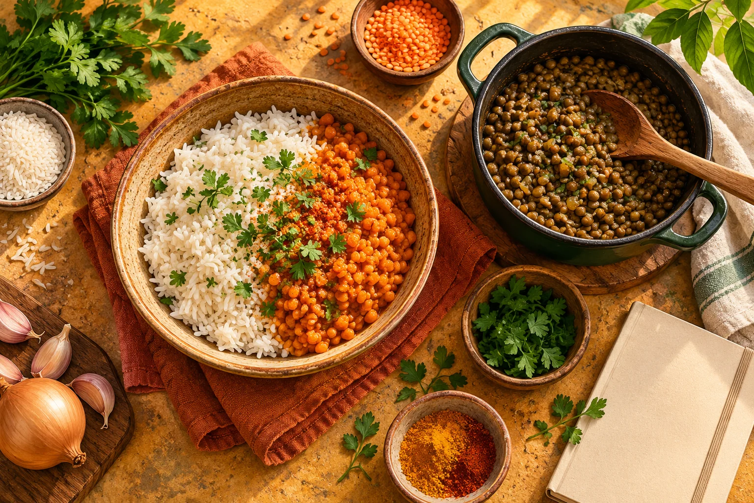 An overhead warm ochre rice bowl partly paired with red lentils and a separate green-lentil pot, no glucose meter or numerical serving labels.