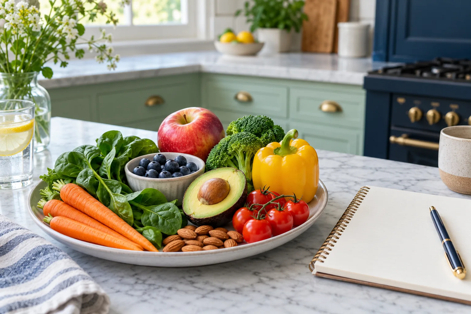A colourful bowl of fruit and vegetables beside an open blank journal in a bright kitchen.