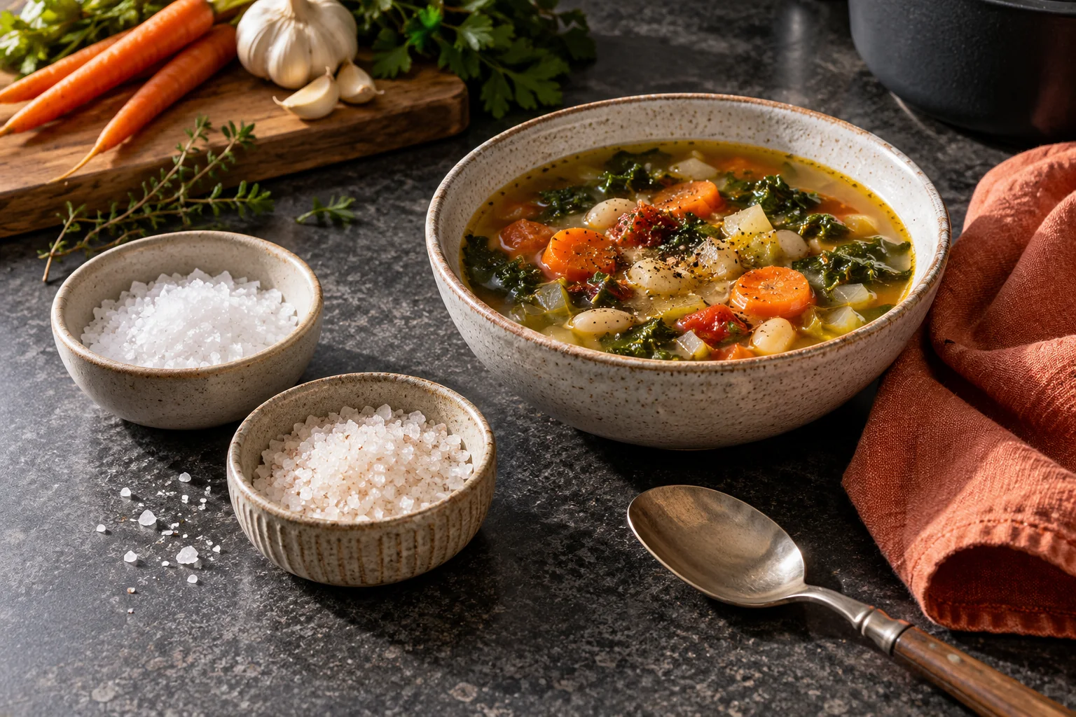 Two unlabelled bowls of salt beside vegetable soup and a spoon on dark stone.