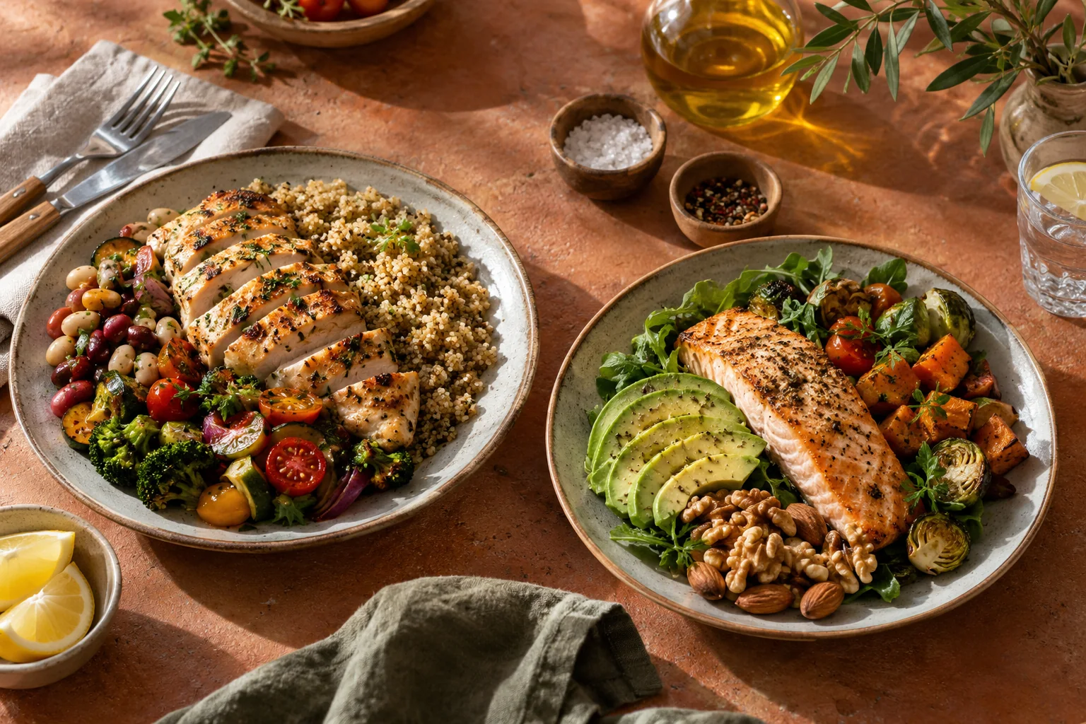 Two varied meal plates with chicken, fish, vegetables, beans, grains and avocado on a terracotta table.