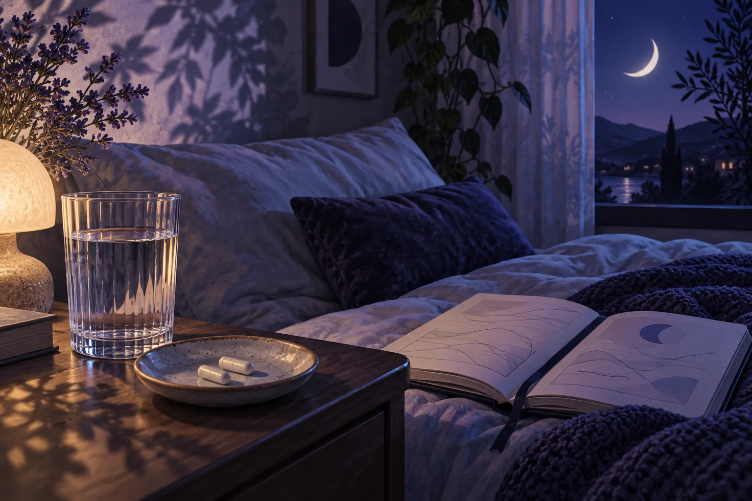 A quiet indigo bedroom with water, two plain capsules and an open journal.