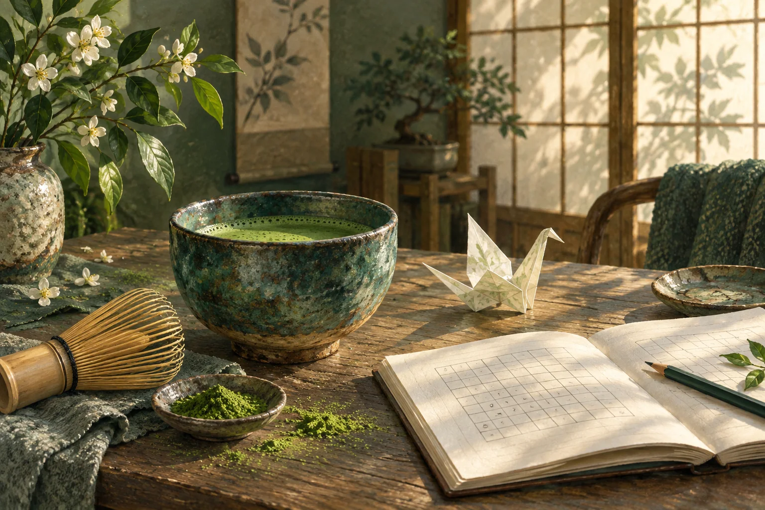 A matcha bowl and whisk beside a notebook and leafy window in a quiet room.