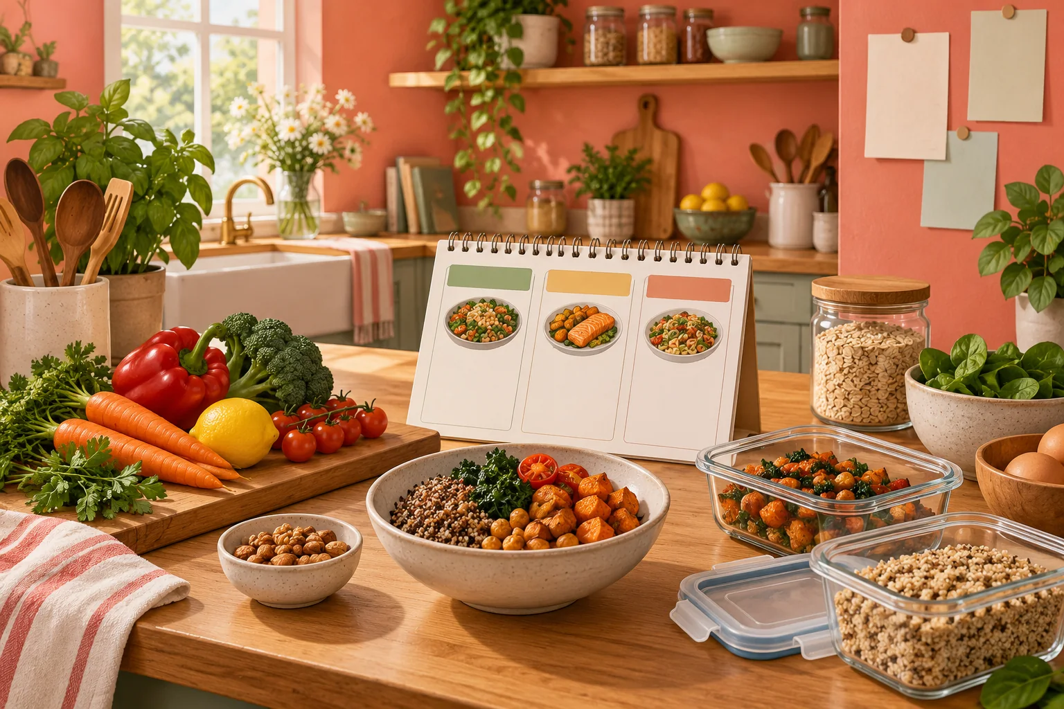 A coral kitchen scene with a small three-day meal note, reusable ingredients and open containers, without a rigid diet calendar.