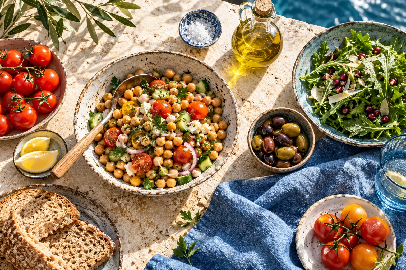 Chickpea salad, greens, wholegrain bread and olive oil on a cream table with blue linen.