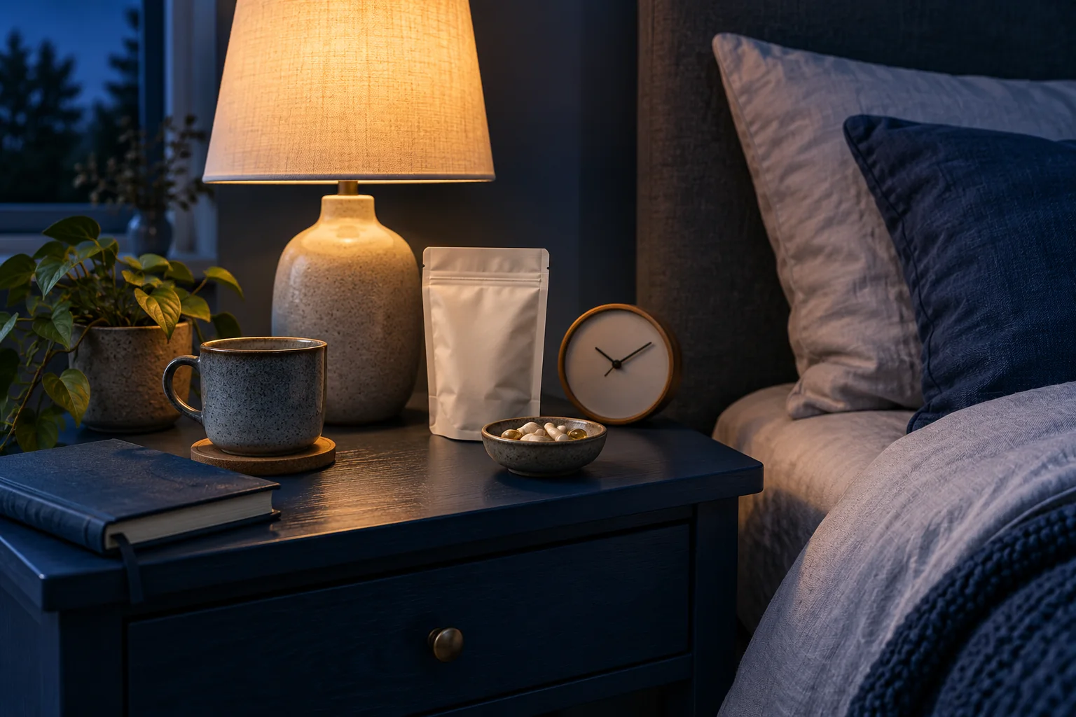 A bedside lamp, glass of water and unlabelled container beside a bed at night.