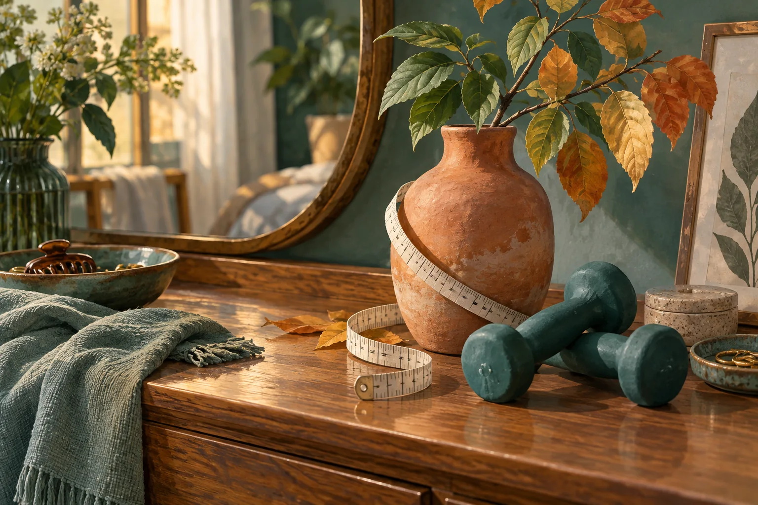 A sculptural vase beside a tape measure and hand weights in a warm earthy room.