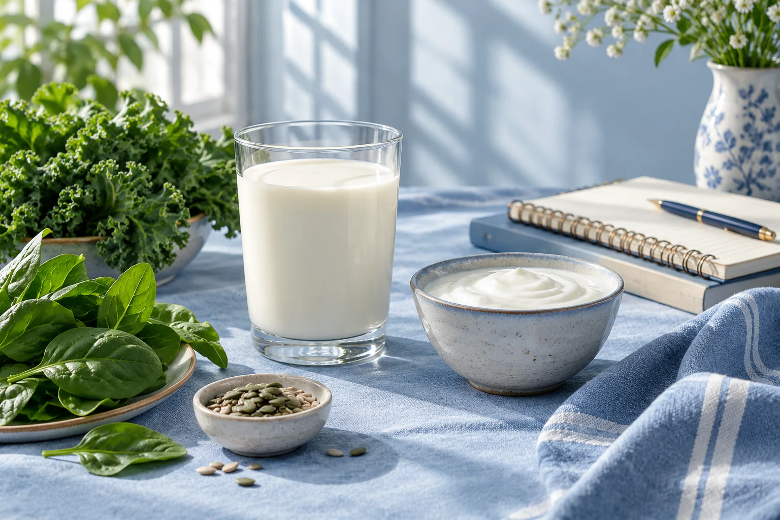 Milk, yogurt and leafy vegetables beside an anonymous research notebook.