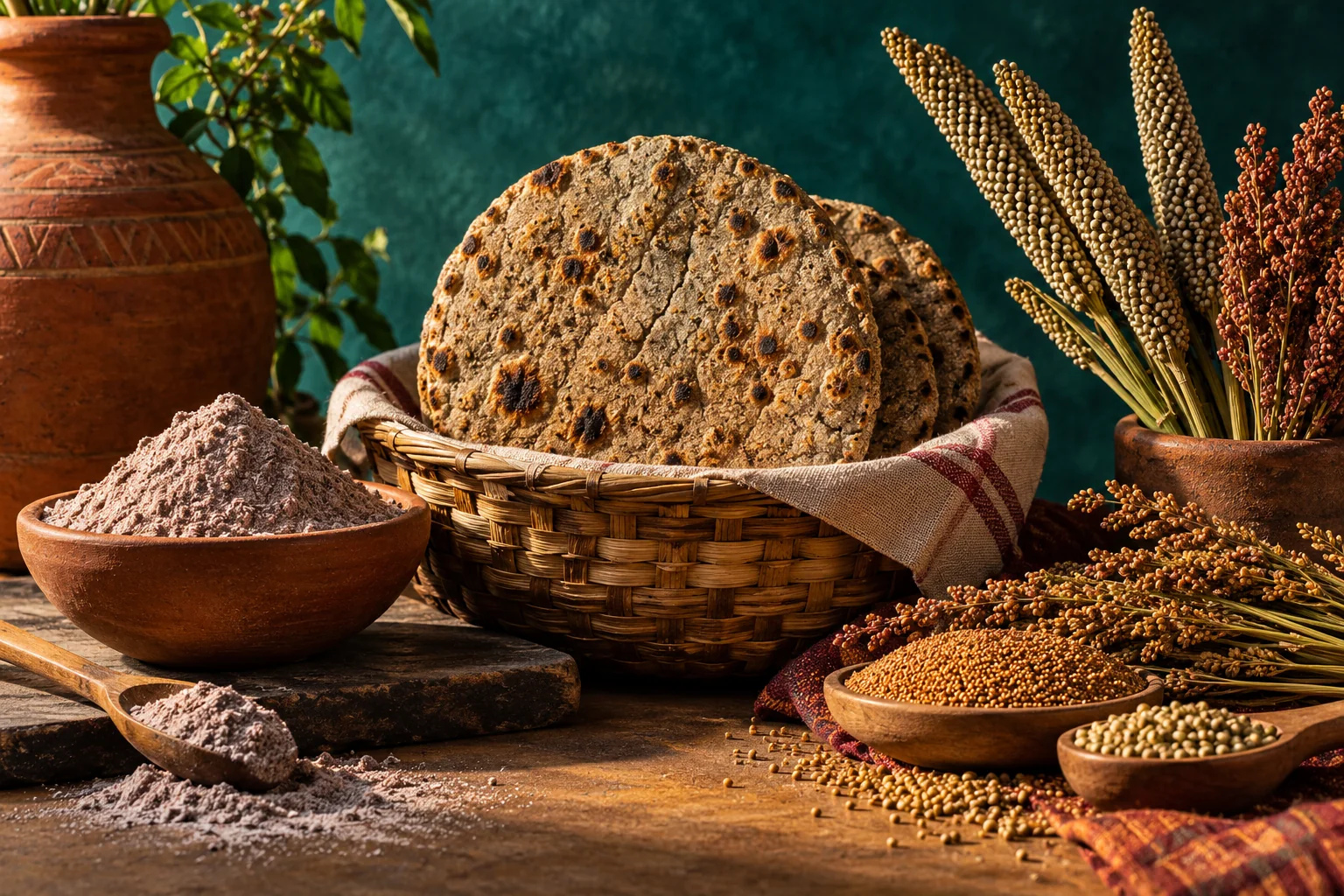 A basket of millet flatbreads beside flour, grains and grain heads.