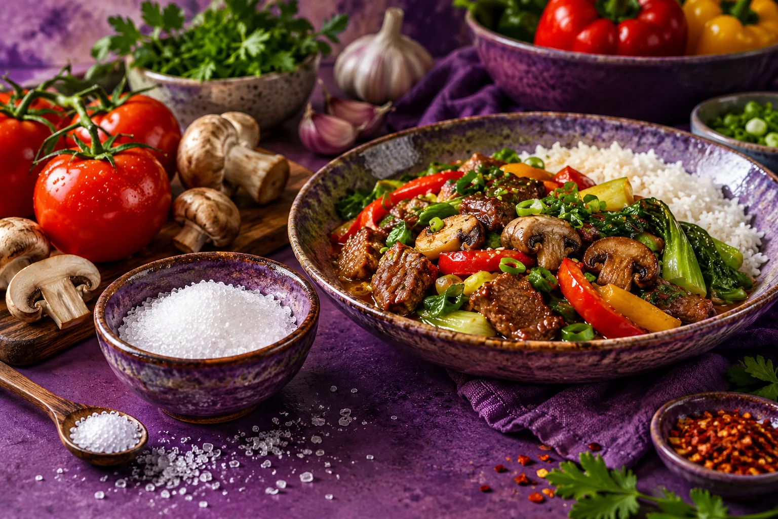 A small ceramic seasoning bowl beside tomatoes, mushrooms and a colourful savoury meal on a purple table.