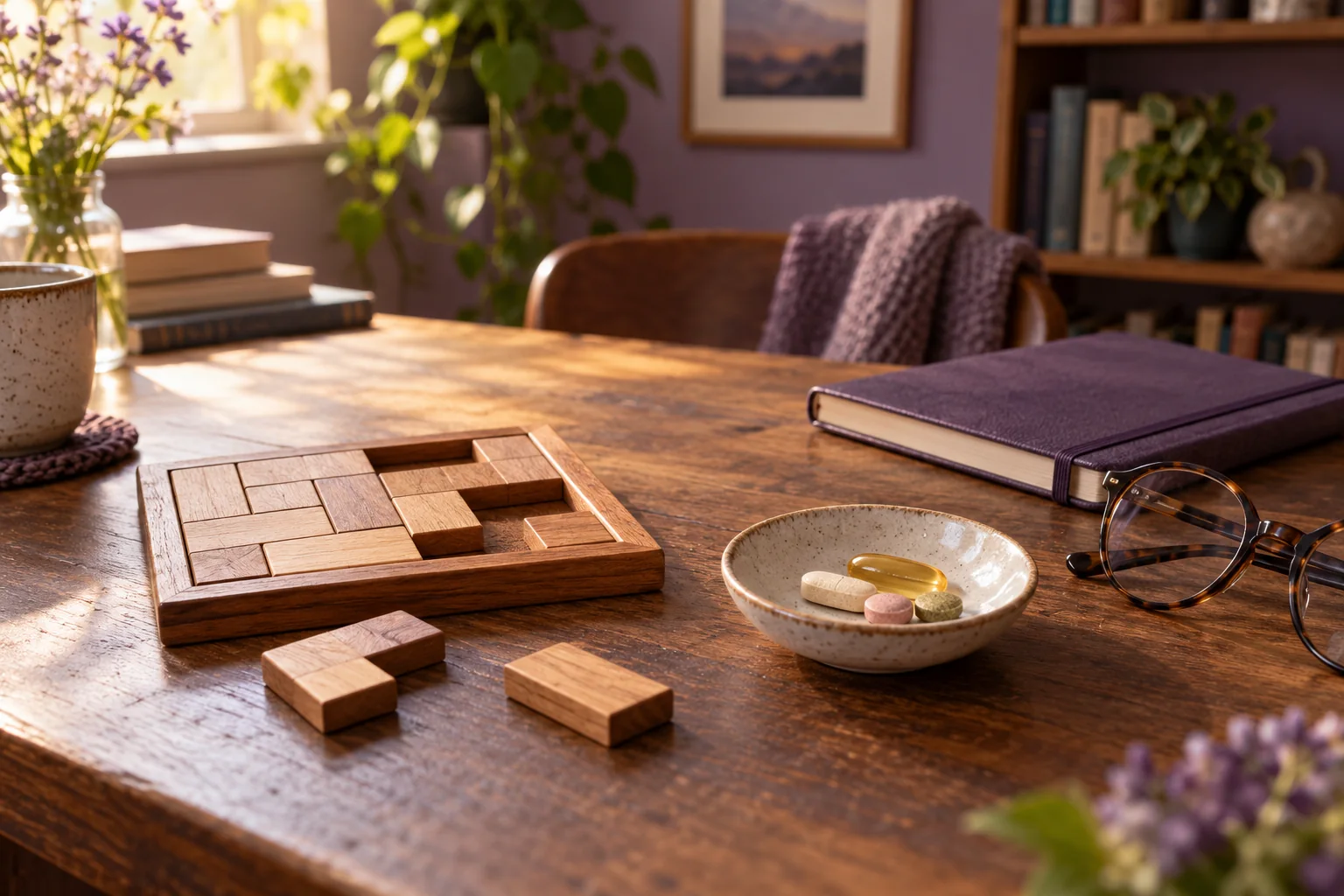 A wooden puzzle, notebook, glasses and a small dish of unbranded tablets on a warm wooden table.