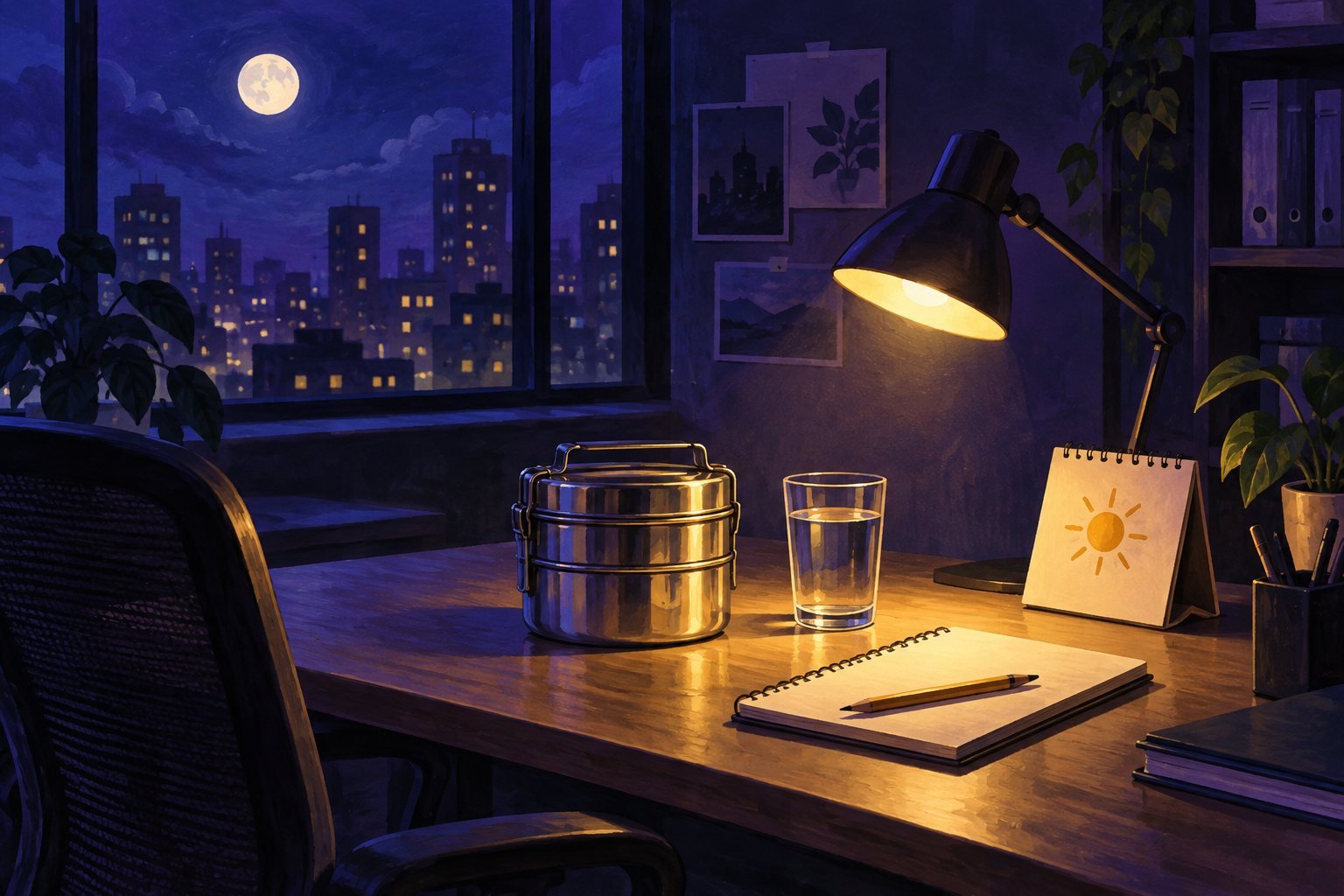 A tiffin and water under a desk lamp in a moonlit office. Conceptual editorial illustration.