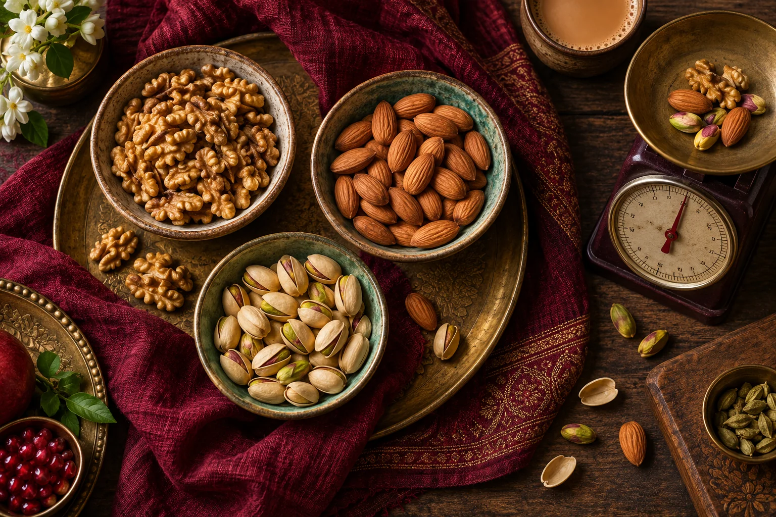 Walnuts and other nuts in small bowls beside an unmarked kitchen scale on a plum-coloured table.