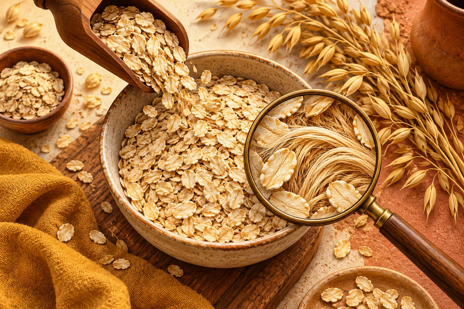 A bowl of oats and scattered oat grains on a warm terracotta table
