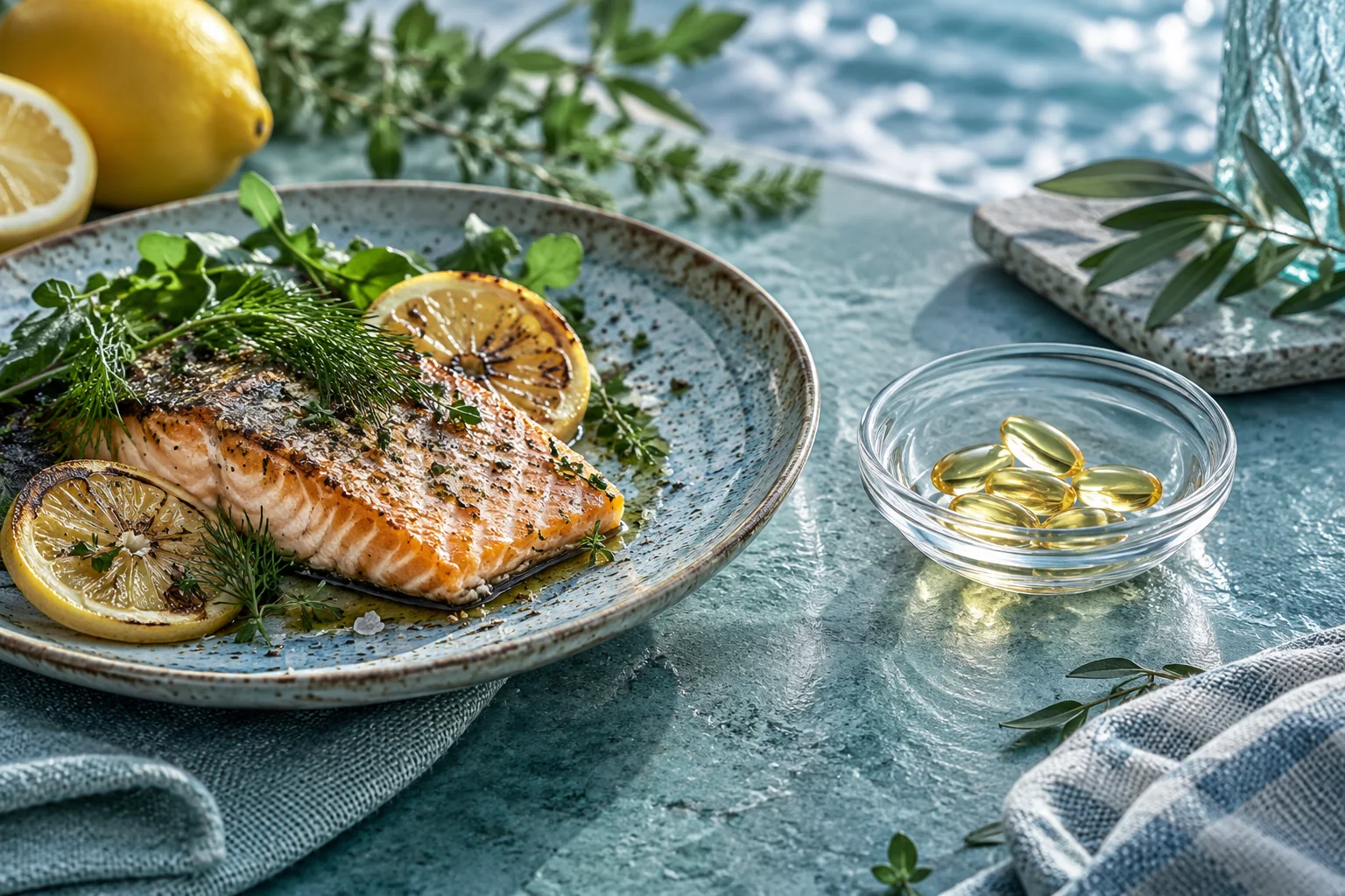 A cooked fish meal, leafy herbs and a separate small dish of unbranded softgel capsules on a blue table.