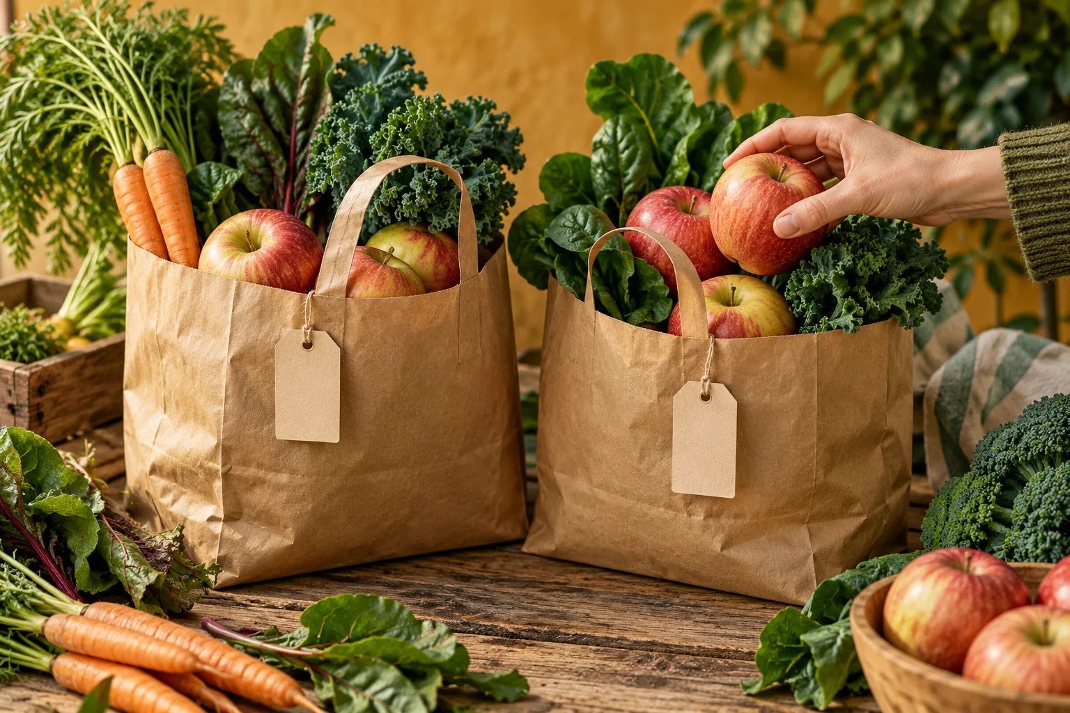 Similar apples and vegetables in two shopping bags at a market.