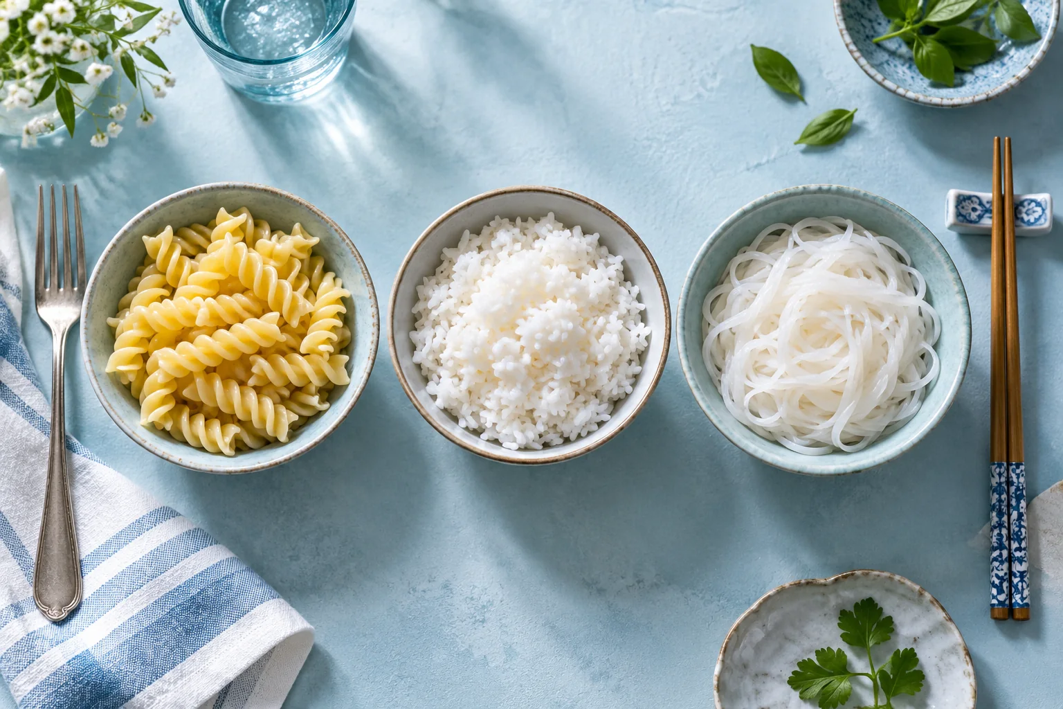 Three bowls of pasta twists, rice and rice noodles on a pale blue dining table.