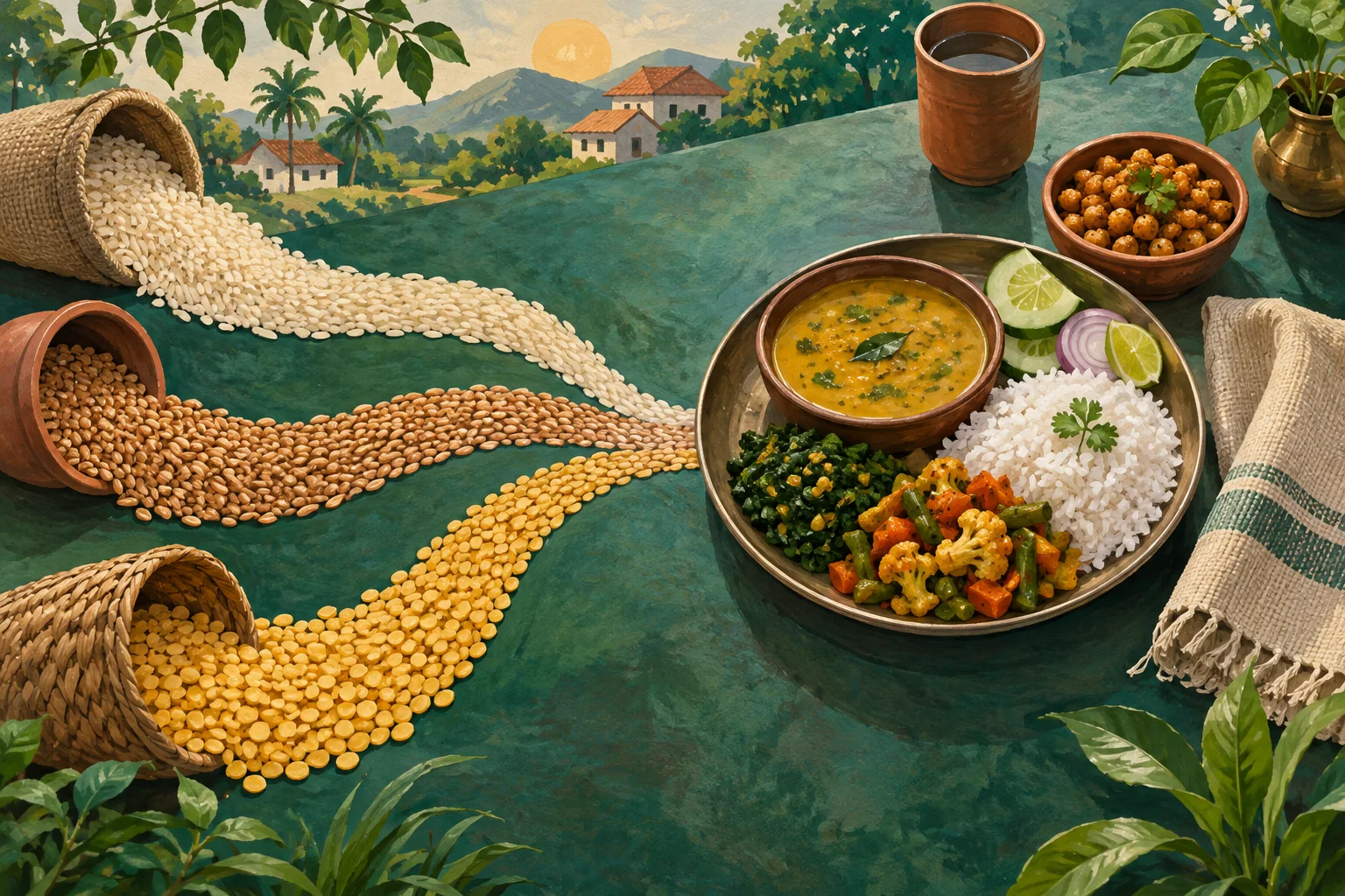 An Indian meal of rice, dal and vegetables, with paths of grains leading to the plate.