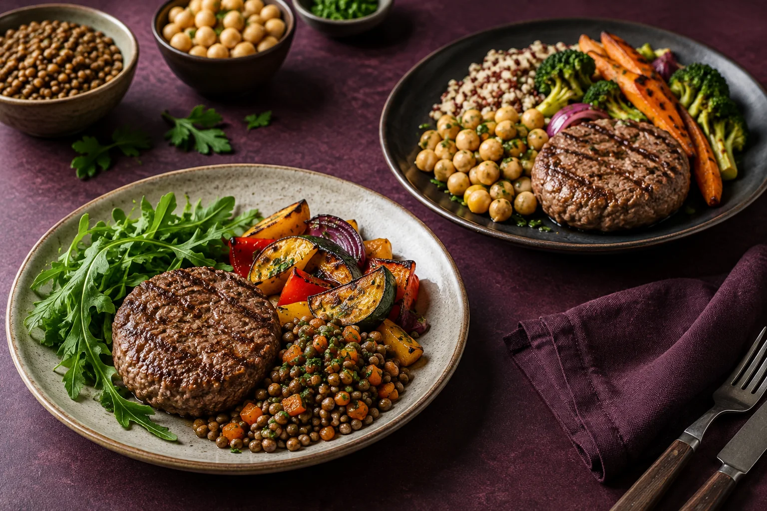 Two unbranded cooked burger patties with lentils, chickpeas and vegetables on a plum-coloured table.