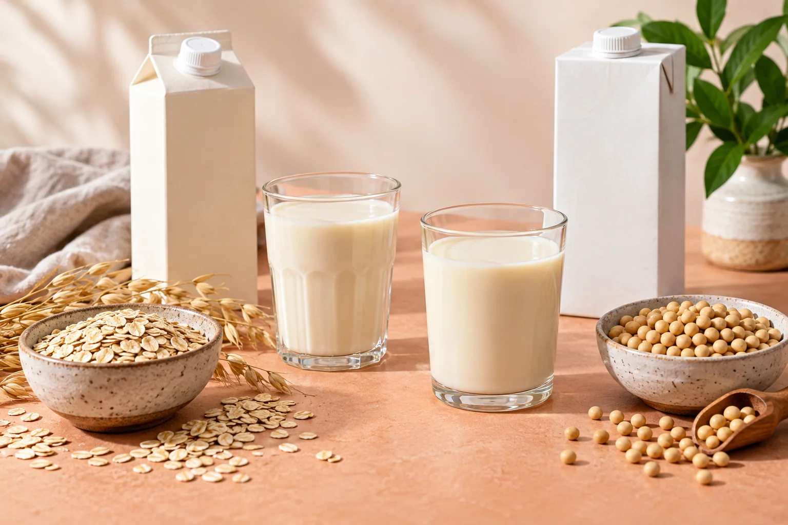 Two plain drink cartons and glasses beside oats and soybeans on a pale peach table.