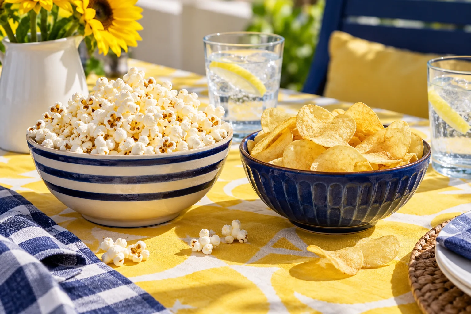 Separate bowls of popcorn and potato chips beside water on a sunny yellow and blue picnic table.