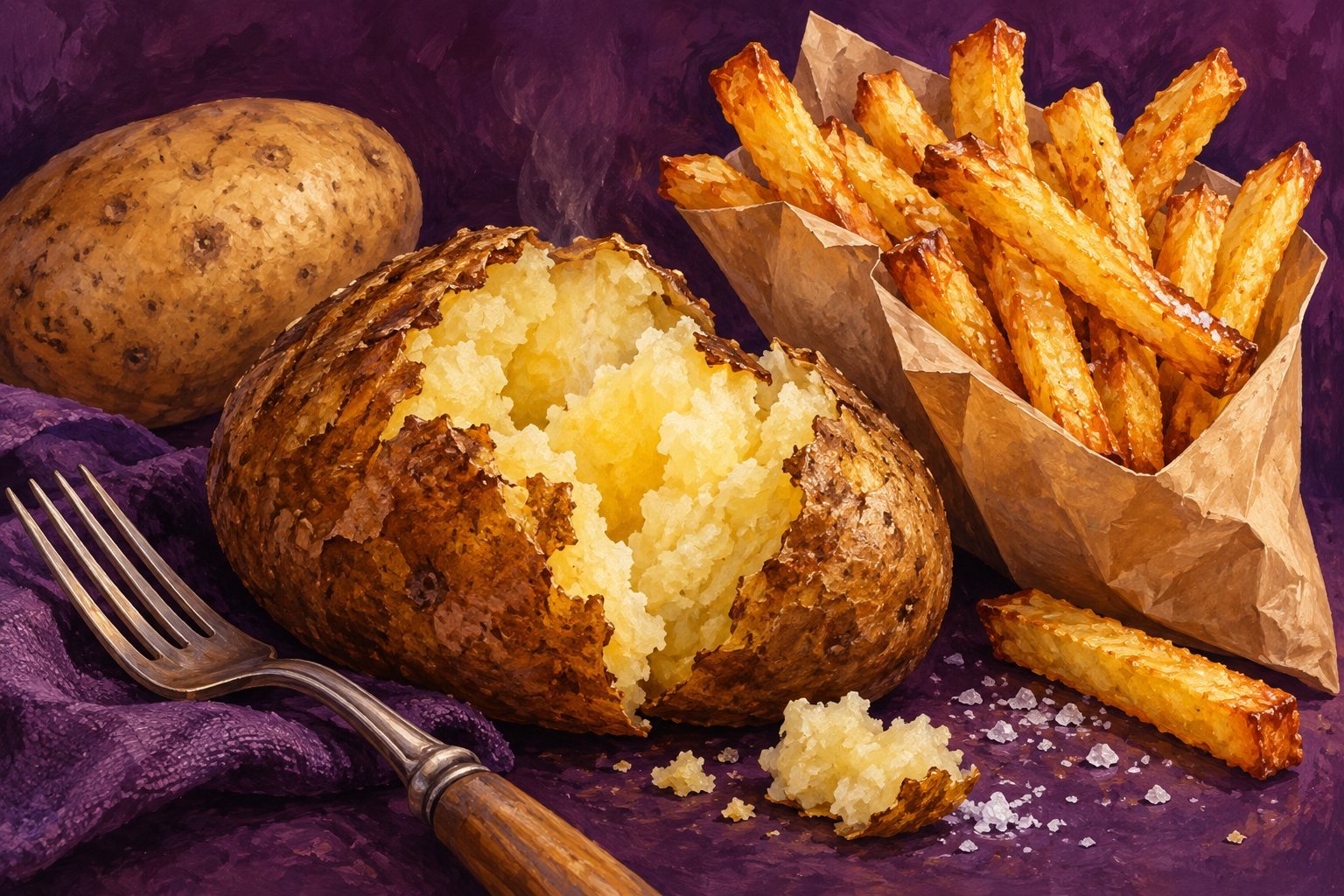 A cooked potato and a small cone of fries against a purple backdrop. Conceptual editorial illustration.