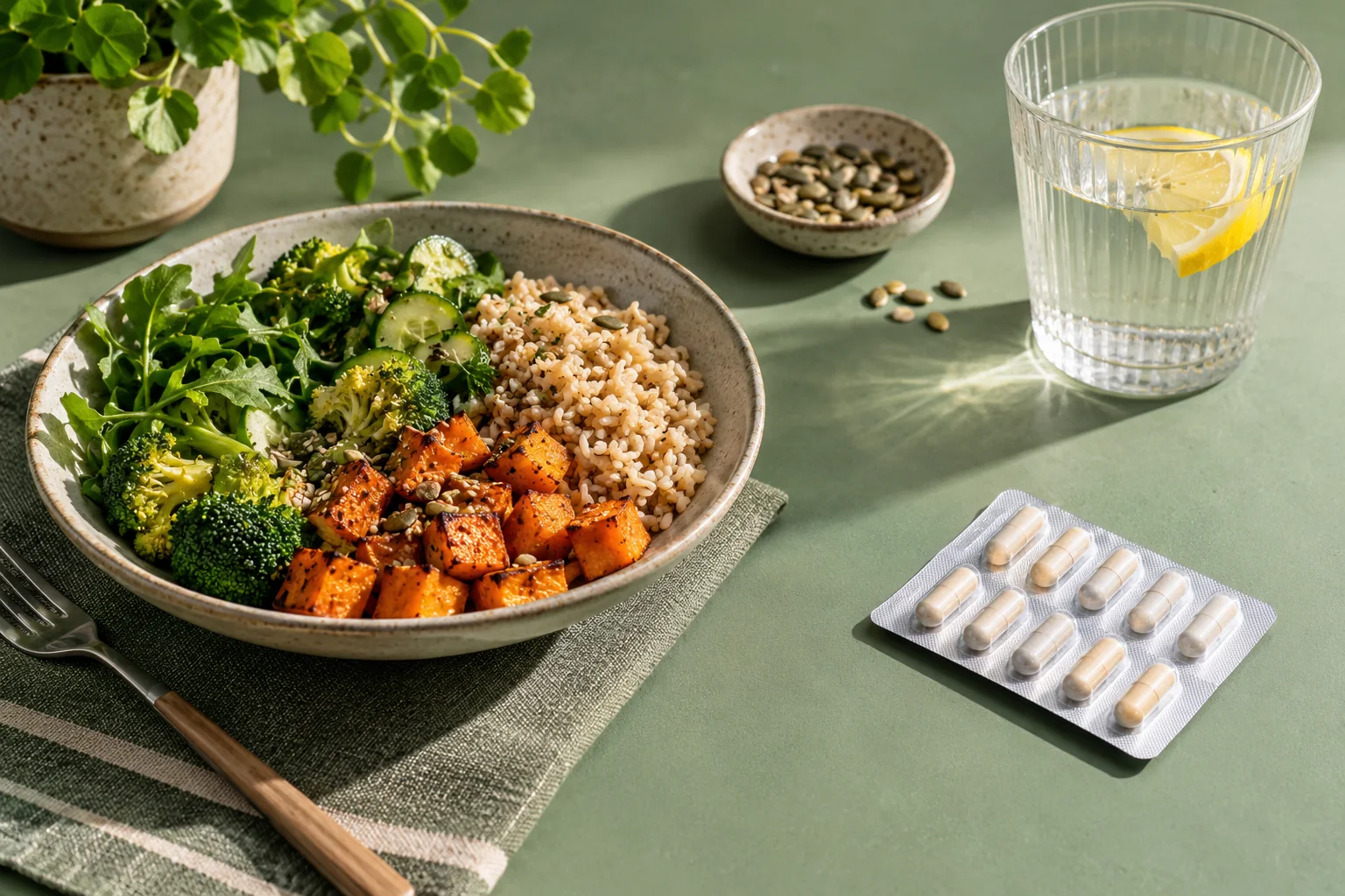 A bowl of grains and vegetables beside water and a tablet blister on a green table.