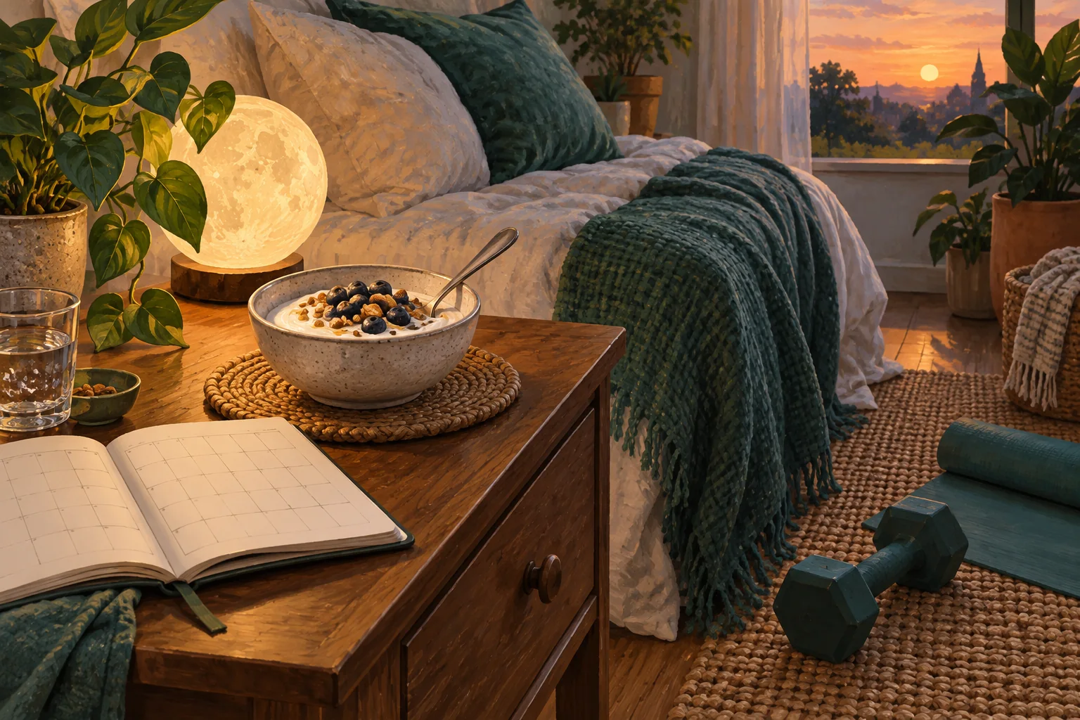 A bowl of yogurt, a bedside lamp and a dumbbell in a quiet evening scene.