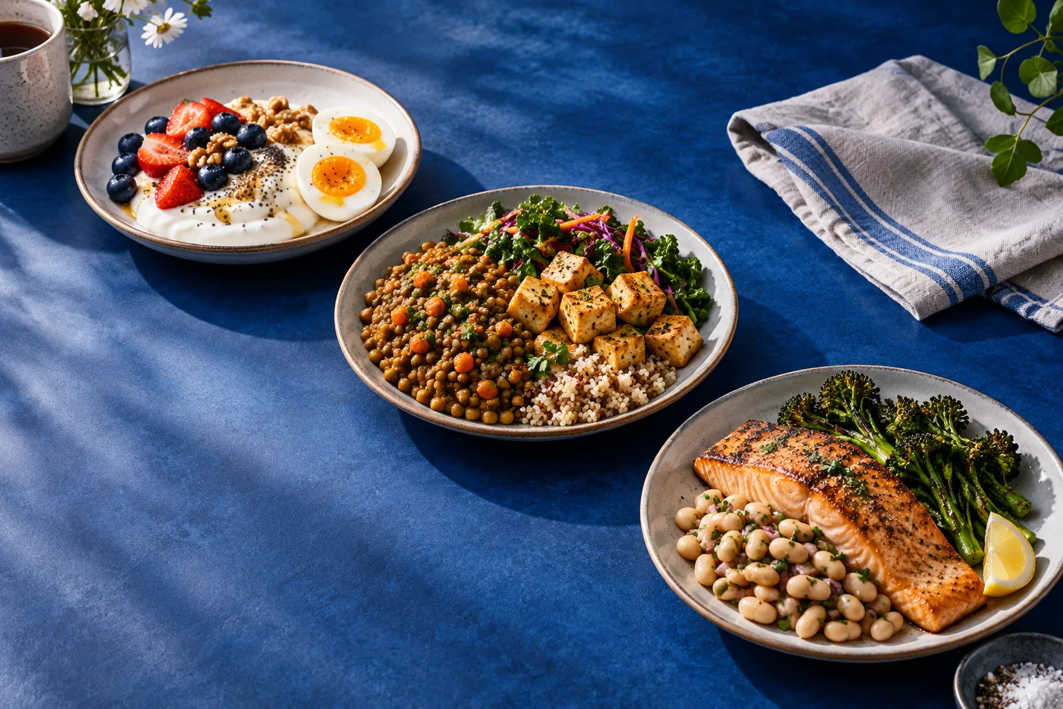 Three meal plates with different protein foods arranged across a blue table.