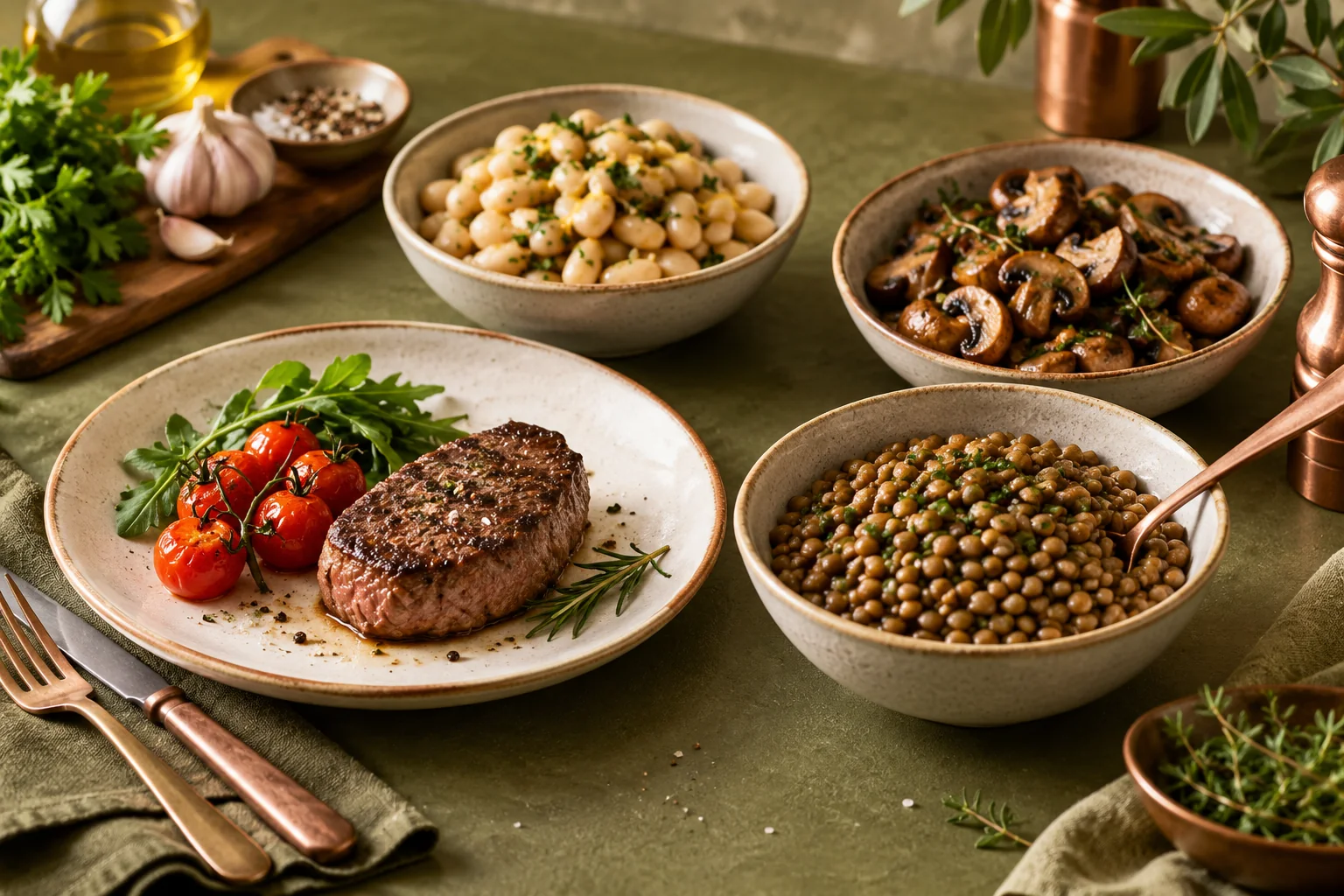 A small cooked meat portion beside bowls of beans, lentils and mushrooms on an olive-coloured table.