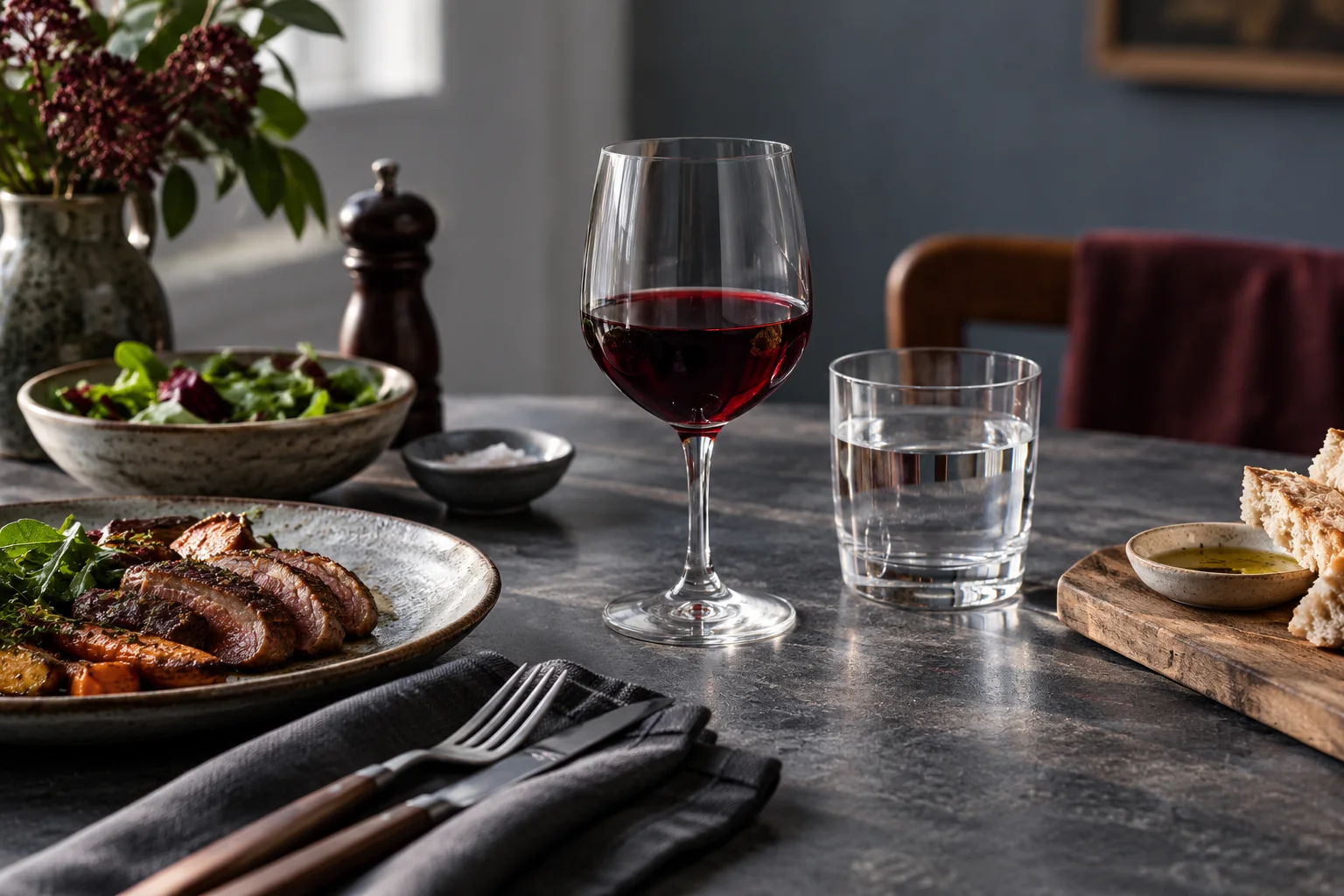 A glass of red wine and a glass of water beside a meal on a dark dining table.