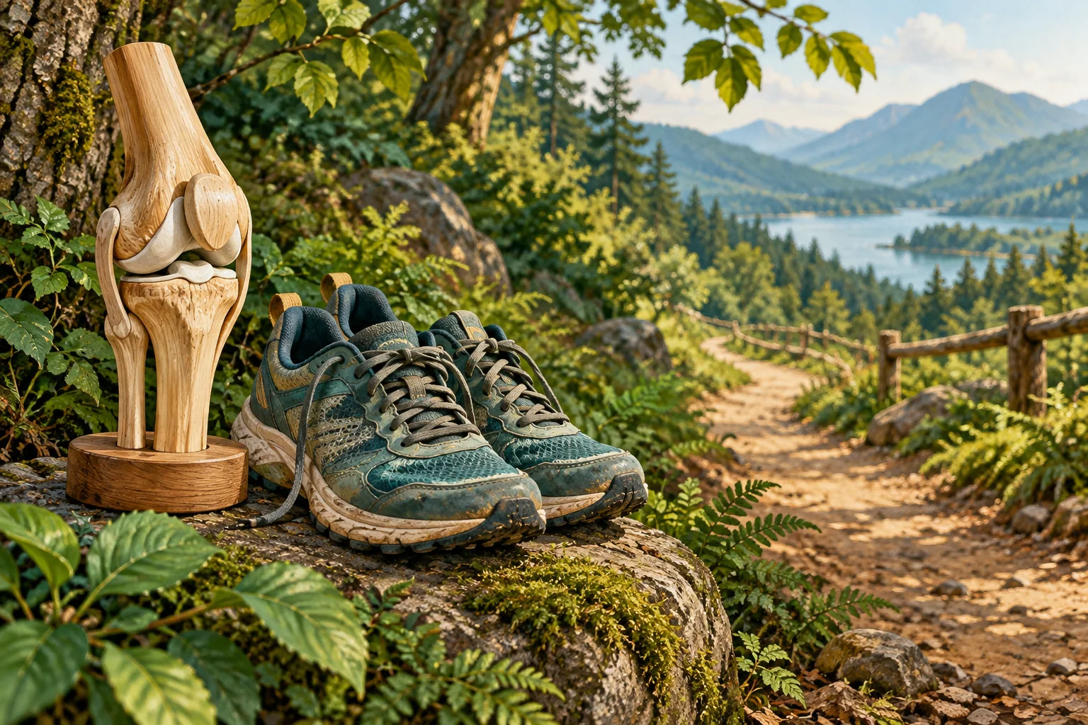 Running shoes beside an articulated wooden knee model and a leafy path.