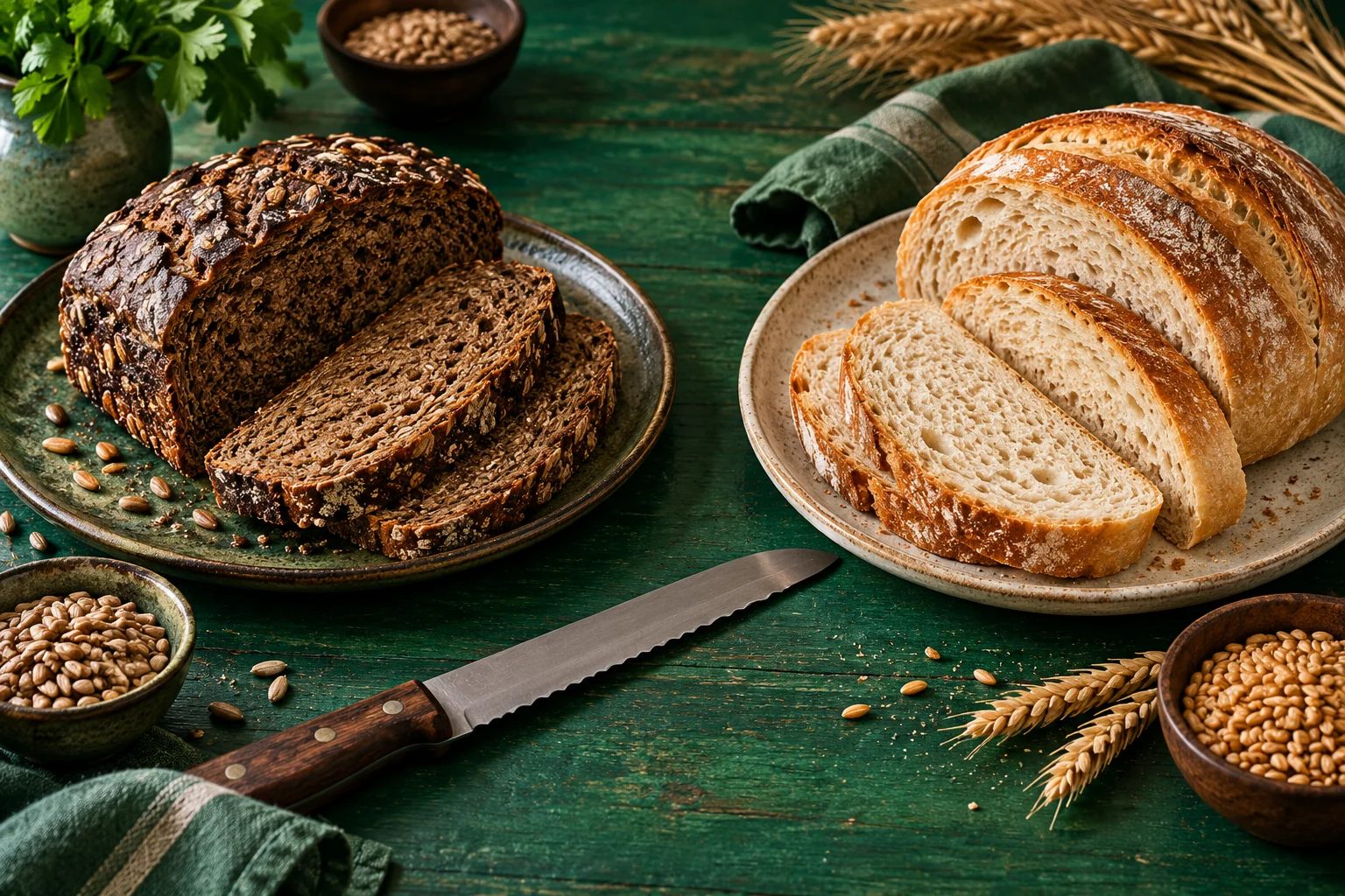 Dark wholegrain rye slices and lighter wheat bread on separate plates beside a bread knife on an emerald table.