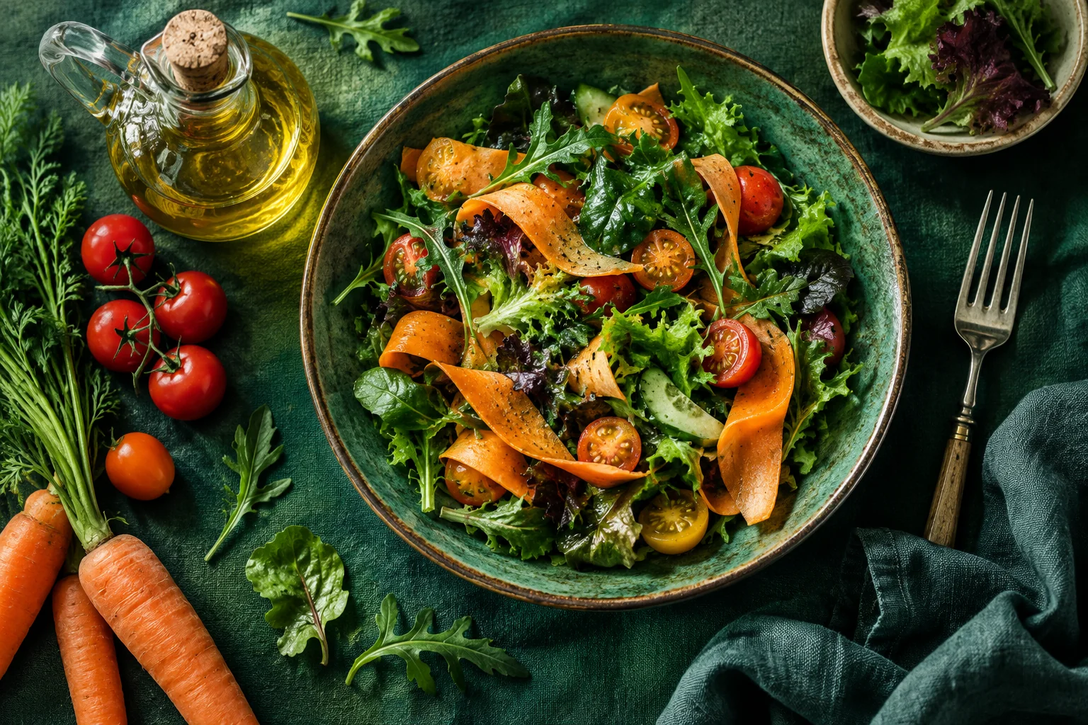 An overhead emerald salad with carrot ribbons and tomatoes beside a small oil cruet, with golden droplets and generous clear space.