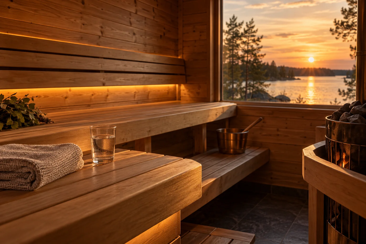 A wooden sauna with a towel and glass of water overlooking a lake at sunset.