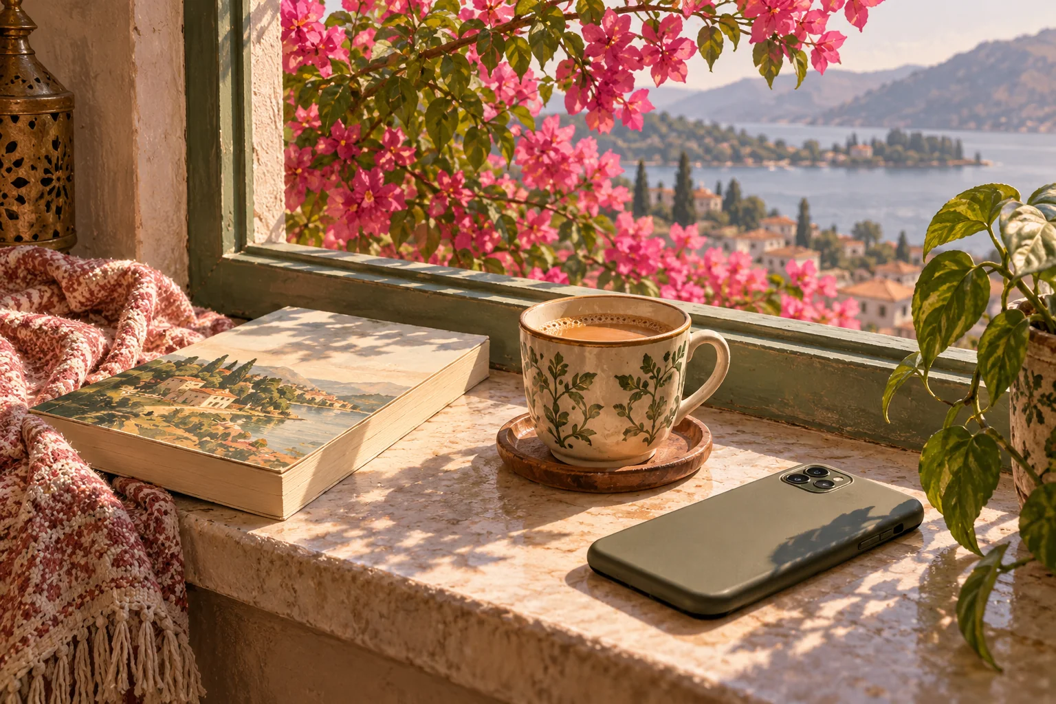 A phone resting beside a closed book and a window with warm outdoor light.